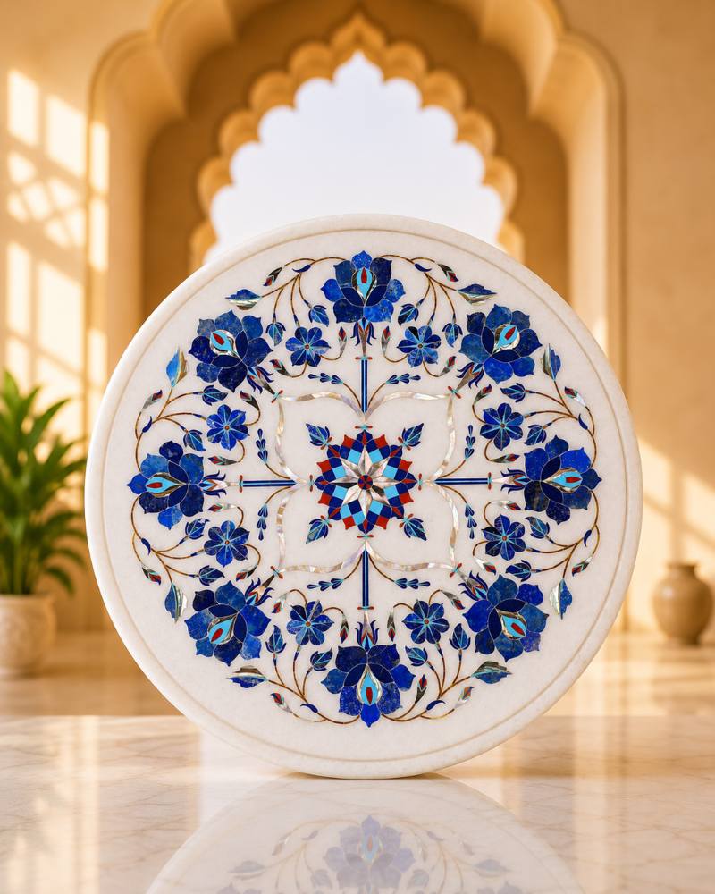 12-Inch Round White Marble Side Table with Blue Floral Inlay